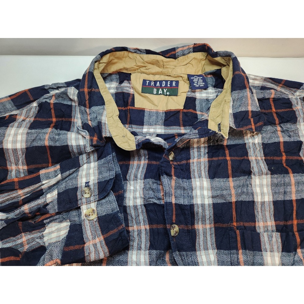 Trader Bay Mens XL Plaid Flannel Long Sleeve Button Up Shirt Blue 100% Cotton